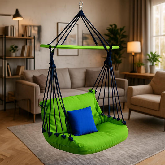 IRA Jumbo Adult Swing and Hammock Chair with Cushion - Green/Blue, Comfortable Outdoor Hammock for Relaxation