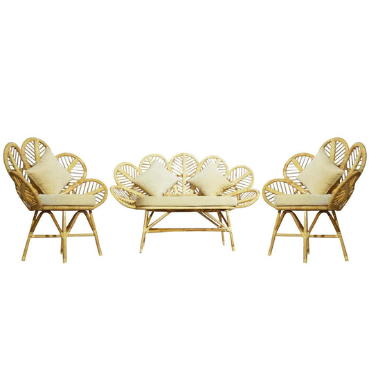 IRA 4 Seater Cane Rattan Sofa Set | Blooming Butterfly Design | Wooden Sofa for Living Room, Hall, Balcony & Garden | Handcrafted Furniture with Cushions