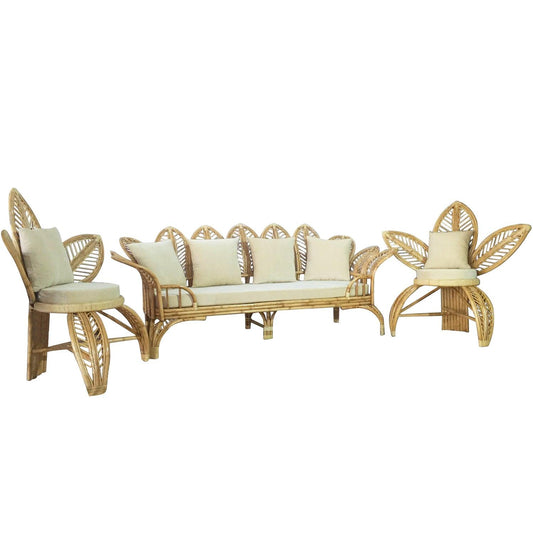 IRA 5-Seater Sofa Set with Cushions (3+1+1) - Perfect for Bohemian, Resort, Marriage, Architect, and Interior Designer Themes - Customizable Brown Rattan Cane Sofa Set for Outdoor & Indoor Use