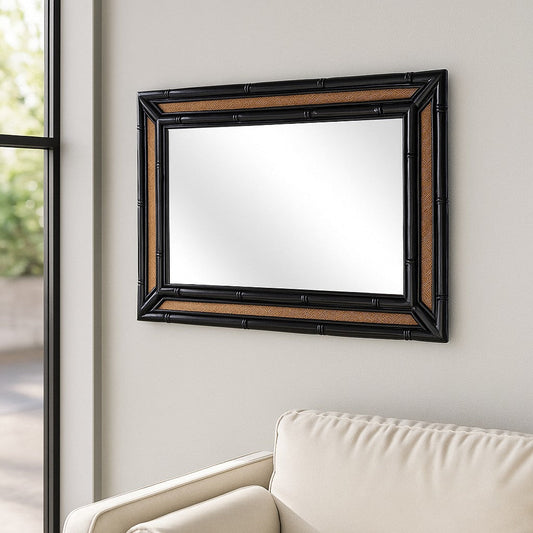 IRA Decorative Wall Mirror – Black Rattan Frame for Entryway, Living Room, Bedroom & Powder Room