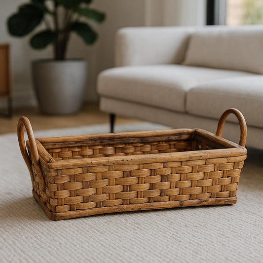 IRA Multipurpose Cane Basket Tray – Handwoven Decorative Wicker Picnic Basket & Storage Tray (17x9x3.5 Inches, Brown)