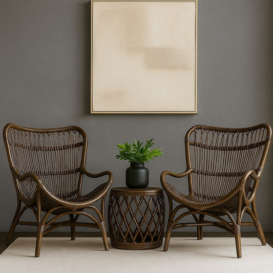 Coffee Cane Chair Set for Balcony & Garden – 2 Rattan Wood Chairs & 1 Side Table | Stylish & Durable Outdoor Furniture