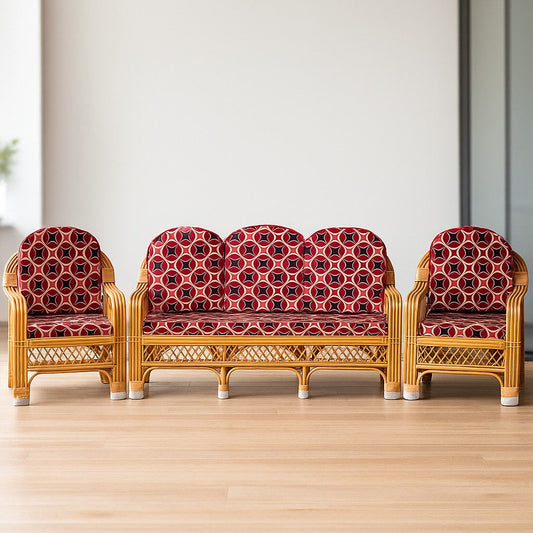 IRA 3-Seater Wooden Sofa Set with Cushions - Elegant Wooden Frame Sofa for Living Room, Handcrafted Rattan and Cane Design