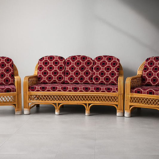 IRA 3-Seater Wooden Sofa Set with Cushions - Elegant Wooden Frame Sofa for Living Room, Handcrafted Rattan and Cane Design