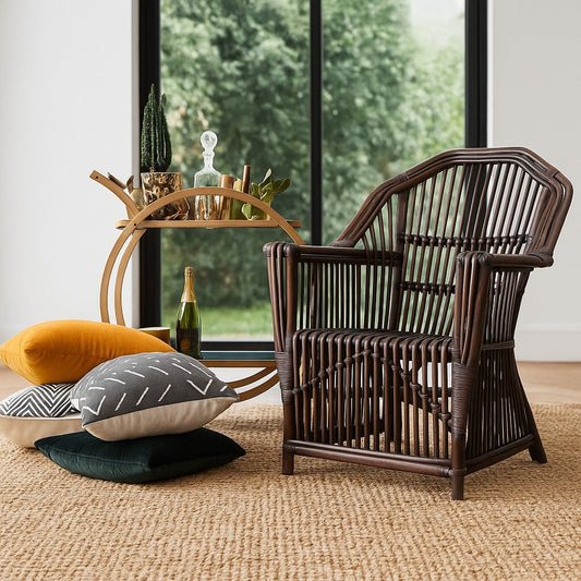 IRA Brown Polish Garden Armchair – Stylish Cane Chair for Outdoor Seating | Rattan Chair for Balcony & Garden