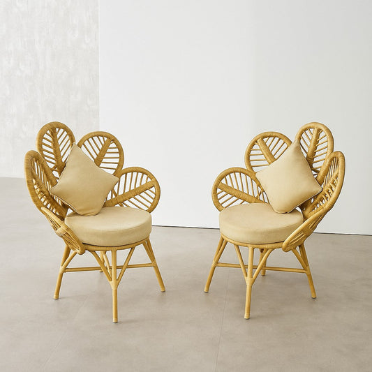 IRA 2 Piece Vintage Cane Chairs Set | Handmade Rattan Lounge Chairs with Cushions for Living Room, Balcony, Patio & Garden