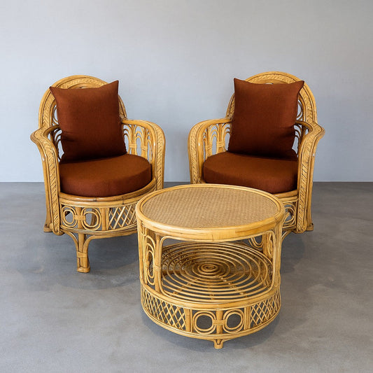 IRA Cane Chair-Table Set for Balcony & Garden | 2 Rattan Chairs + 1 Center Table | Vintage Bohemian Outdoor Furniture