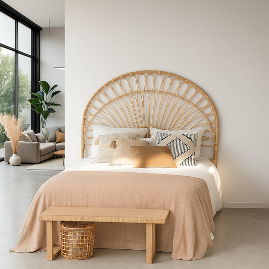 IRA Cane Bed Headboard | Handmade Wooden Rattan Bed Design | Bohemian & Rustic Bedroom Furniture India | Custom Wooden Cane Headboard King, Queen, Double Bed