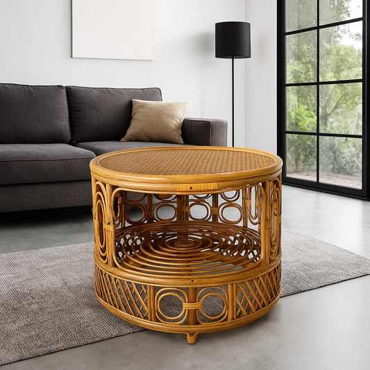 IRA Cane Natural Coffee Table | Handmade Rattan Center Table | Lightweight & Pre-Assembled