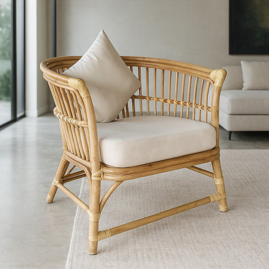 Natural Rattan Armchair with Cushion | Indoor Outdoor Wicker Lounge Chair for Balcony & Living Room