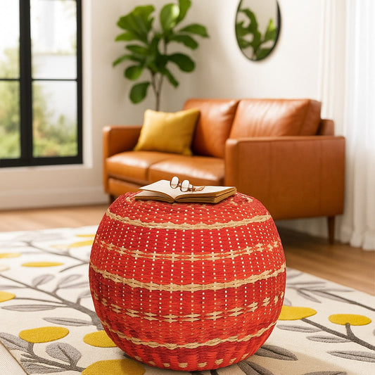 IRA Designer Coffee Table Stool | Handmade Round Rattan Pouf | Eco-Friendly Multi-Color Woven Cane Stool