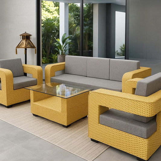 IRA Deventer Cane 3+2+1 Seater Sofa Set (Brown) – Handwoven Rattan, Comfortable Cushions, Pre-Assembled