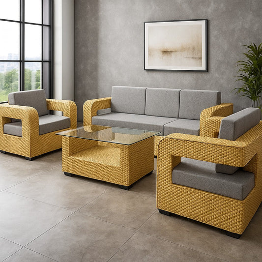 IRA Deventer Cane 3+2+1 Seater Sofa Set (Brown) – Handwoven Rattan, Comfortable Cushions, Pre-Assembled