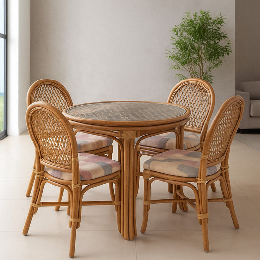 IRA Dining Set – Wicker Natural Cane Wood 4 Seater | Handcrafted Wooden Dining Table with Chairs