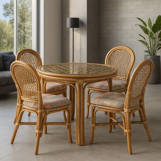 IRA Dining Set – Wicker Natural Cane Wood 4 Seater | Handcrafted Wooden Dining Table with Chairs