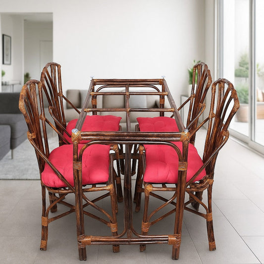 IRA Cane Dining Table Set with Wooden Frame – 4 Chairs + Cushions | Handcrafted Rattan Dining Furniture for Living Room, Balcony & Garden