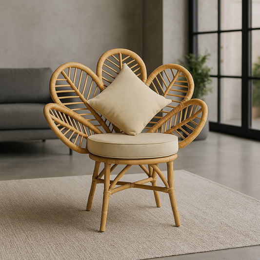 IRA Flower Vintage Rattan Chairs | Unique Handmade Cane Wooden Chairs for Living Room, Balcony & Home Decor | Boho Retro Accent Chairs