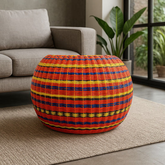 IRA Multicolor Designer Rattan Stool Table | Handmade Cane Furniture for Balcony, Garden & Home Décor