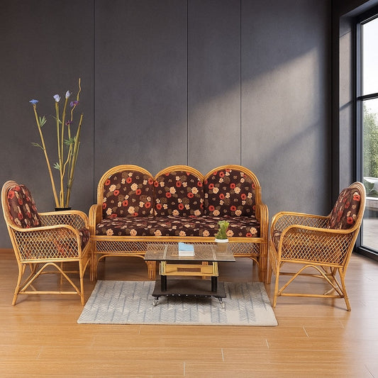 IRA Natural Rattan Cane 3 Seater Sofa Set and 2 Single Seater Chair with Cushions (Brown)