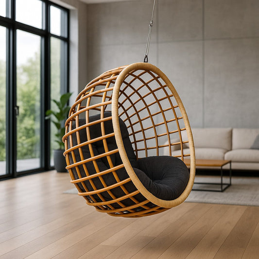 IRA Rattan Modern Round Swing Chair with Cushion | Hanging Egg Chair with Chain & Hooks for Balcony, Living Room, Garden & Patio