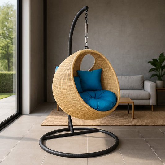 IRA Rattan Modern Round Swing Chair with Stand | Indoor Outdoor Hanging Chair with Cushion