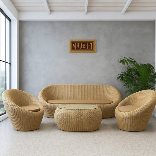 IRA Rattan Wicker 5 Seater Sofa Set | Natural Cane & Handwoven Rattan Wooden Furniture with Cushions