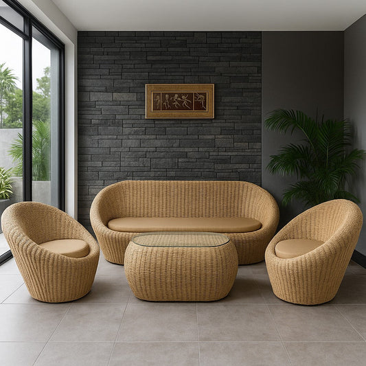 IRA Rattan Wicker 5 Seater Sofa Set | Natural Cane & Handwoven Rattan Wooden Furniture with Cushions