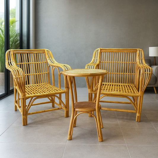 IRA Resorts 2 Chair Set with Center Table | Cane & Rattan Outdoor Furniture | Balcony & Living Room Wooden Chairs with Cushions