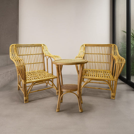 IRA Resorts 2 Chair Set with Center Table | Cane & Rattan Outdoor Furniture | Balcony & Living Room Wooden Chairs with Cushions