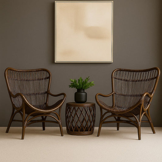 Coffee Cane Chair Set for Balcony & Garden – 2 Rattan Wood Chairs & 1 Side Table | Stylish & Durable Outdoor Furniture