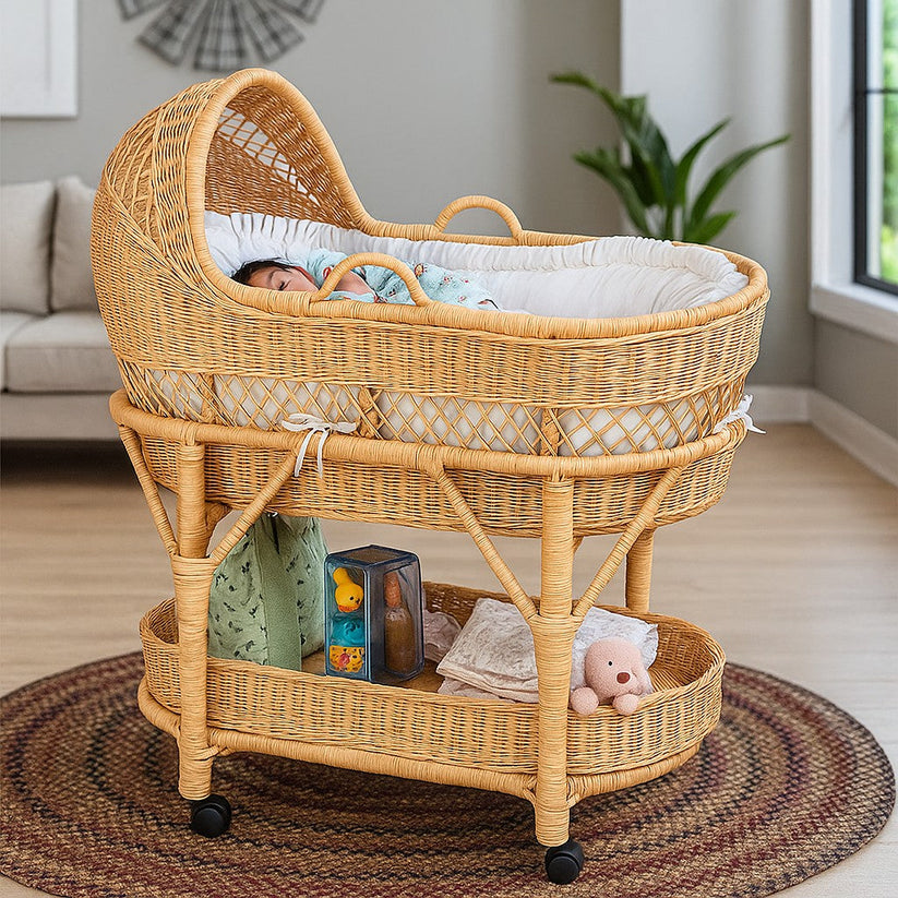 Natural Handcrafted Wicker Baby Bassinet with Cushion | Portable & Sty ...