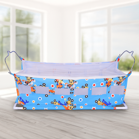 Newborn Flat Bed Soft Cotton Cloth Swing Baby Cradle with Mosquito Net – Light Blue, Easy to Assemble, Ideal for Premature Babies