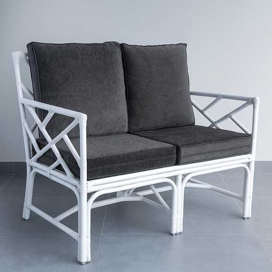 IRA 2 Seater White Retro Sofa – Handwoven Rattan, Wooden Frame, Comfortable Seating for Living Room, Garden, Balcony, and Outdoor Furniture