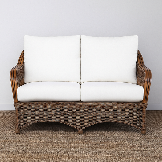 IRA 2-Seater Wooden Sofa Set – Handwoven Rattan, Brown Wash Finish, Comfortable Seating for Living Room, Garden, Balcony | Handmade Indian Craft, Modern Design, Outdoor & Indoor Use