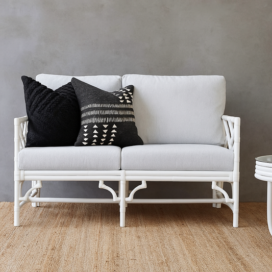 IRA 2 Seater White Sofa for Bedroom - Handwoven Rattan Sofa with Cushions Included, Black Polish Finish for Living Room and Outdoor Use