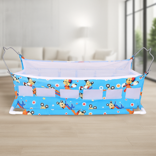 Newborn Flat Bed Soft Cotton Cloth Swing Baby Cradle with Mosquito Net – Light Blue, Easy to Assemble, Ideal for Premature Babies