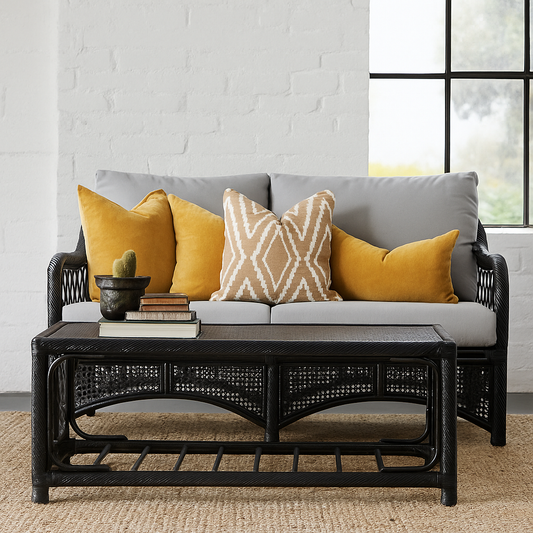 IRA 2-Seater Sofa & Coffee Table Set – Satin Black, Handwoven Rattan, Comfortable Seating for Living Room, Garden, Patio, Balcony | Modern Design, Wooden Frame, Outdoor & Indoor Use