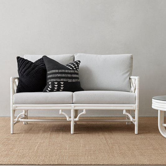 IRA 2 Seater White Sofa for Bedroom - Handwoven Rattan Sofa with Cushions Included, Black Polish Finish for Living Room and Outdoor Use