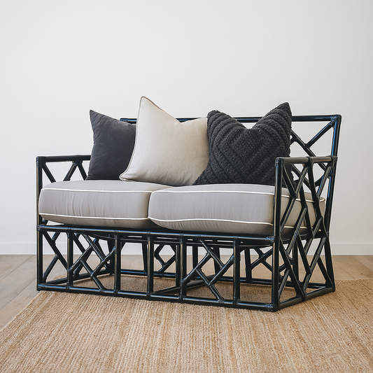 IRA 2-Seater Black Sofa Set Day Bed | Wooden Sofa for Living Room, Bedroom, Hotels & Resorts | Indoor & Outdoor Furniture | Durable Rattan Wicker Design