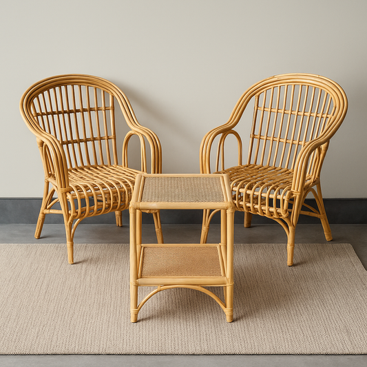 IRA 2 Wooden Armchairs with Seating Cushions - Natural Rattan Chairs for Indoor & Outdoor Use | Customizable Cushions | Perfect for Living Room & Garden