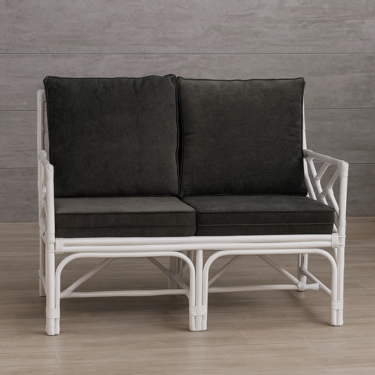 IRA 2 Seater White Retro Sofa – Handwoven Rattan, Wooden Frame, Comfortable Seating for Living Room, Garden, Balcony, and Outdoor Furniture