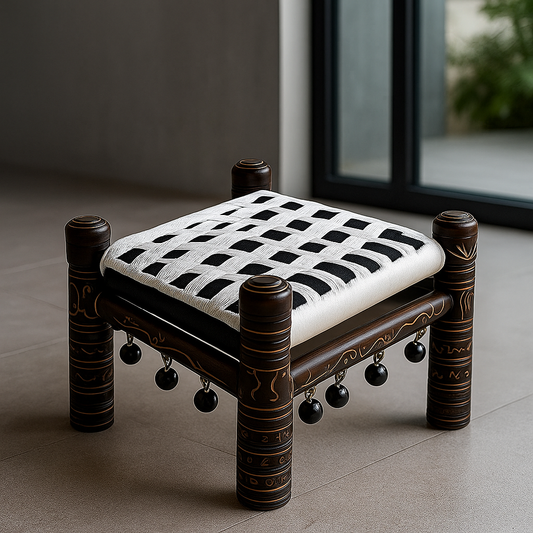 Chowki Khatli Chair Stool Bajot for Balcony Seating | Wooden Hand-Painted Rajasthani Design | White/Brown Color | Durable & Stylish Home Decor | Versatile Stool for Living Room, Balcony, & Garden