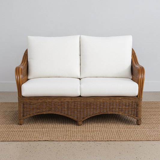 IRA 2-Seater Wooden Sofa Set – Handwoven Rattan, Brown Wash Finish, Comfortable Seating for Living Room, Garden, Balcony | Handmade Indian Craft, Modern Design, Outdoor & Indoor Use