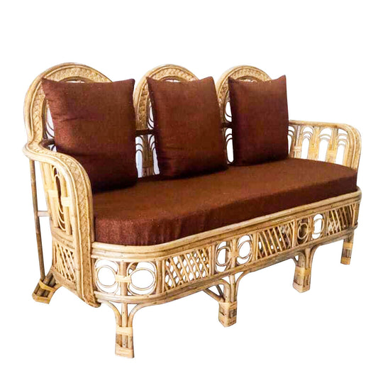 IRA Wooden Sofa (Natural) | Handmade Cane & Wicker Wooden Sofa with Cushions