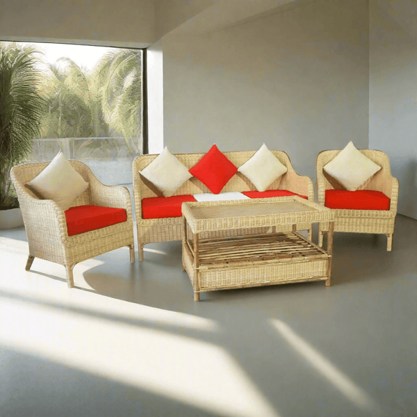 IRA Cane 5-Seater Sofa Set with Cushions (3+1+1) and Center Table - Comfortable & Spacious Living Room Sofa Set