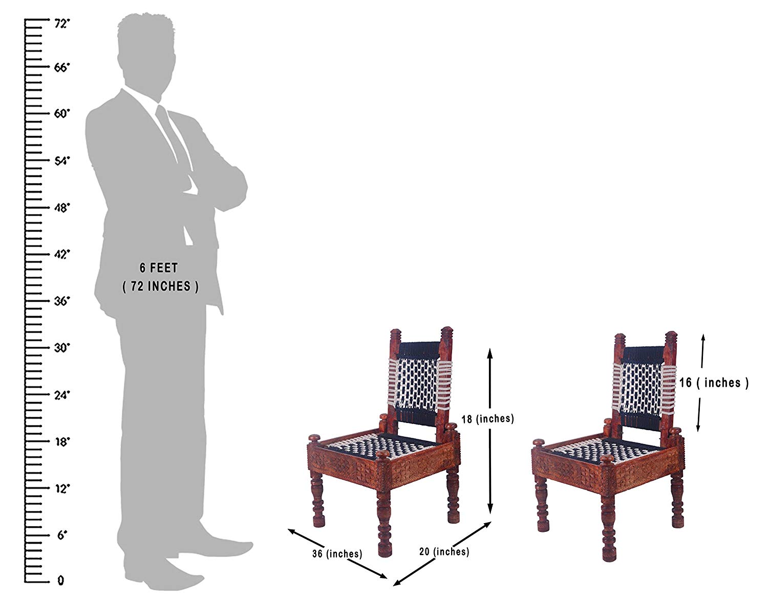 High Wooden Back Foldable Chair & Khatli/Bajot Set of 2 Chairs (Blue/Black) - IRA Furniture