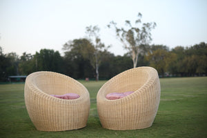 A set of minimalist rattan barstools arranged neatly in front of a wooden counter in the shop.