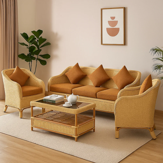 IRA Cane 5-Seater Sofa Set with Cushions (3+1+1) and Center Table - Comfortable & Spacious Living Room Sofa Set