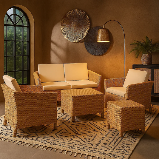 IRA Wicker Rattan Sofa Set | Natural Cane & Rattan Wooden Sofa with Cushions, Center Table & Side Table | Living Room & Outdoor Furniture | Customizable