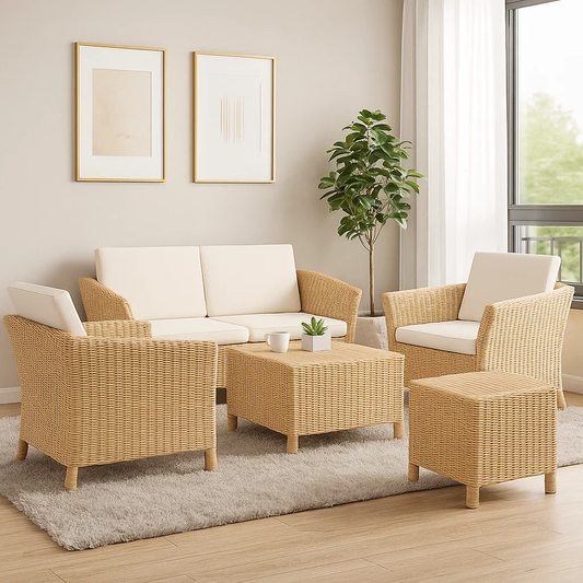 IRA Wicker Rattan Sofa Set | Natural Cane & Rattan Wooden Sofa with Cushions, Center Table & Side Table | Living Room & Outdoor Furniture | Customizable